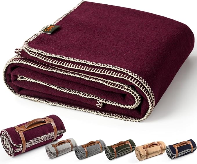 Merino Wool Blend Camping Blanket Ultra Warm, Moisture Wicking, Portable Outdoor Blanket for Camping, RV Trips, Adventures, Picnic, Bushcraft Survival Kits, Large 86"x62"