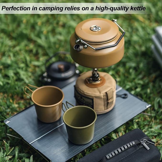 Camping Kettle Outdoor Campfire Camp Kettle, 1L Stainless Steel Camp Tea Coffee Pot, Portable Lightweight Teapot Fast Heating Boiling Water, Ideal for Hiking Picnic Travel, Brown