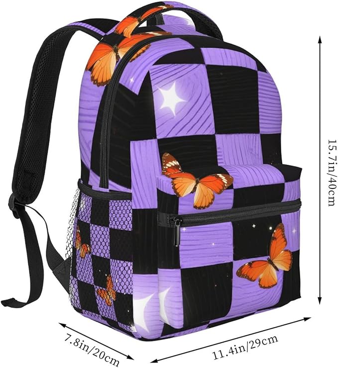 Polyester Daypack Backpack for Climbing Outdoors Running, Big Capacity Multipurpose Anti-Theft Bookbag, Buffalo Plaid Proton Purple Tartan Travel Hiking Camping Rucksack