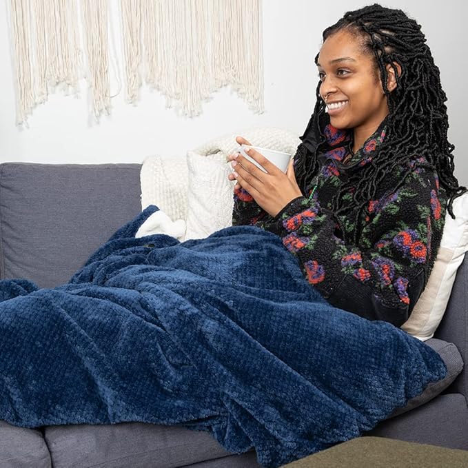 PediPocket XXL Sherpa Lined Patented Foot Pocket Blanket – Sassy Sapphire – Extra Large 60”x84”with 30”Deep Foot Pocket,Plush Fleece Blanket,Luxurious Comfort,Machine Washable,Gift Idea (non-electric)