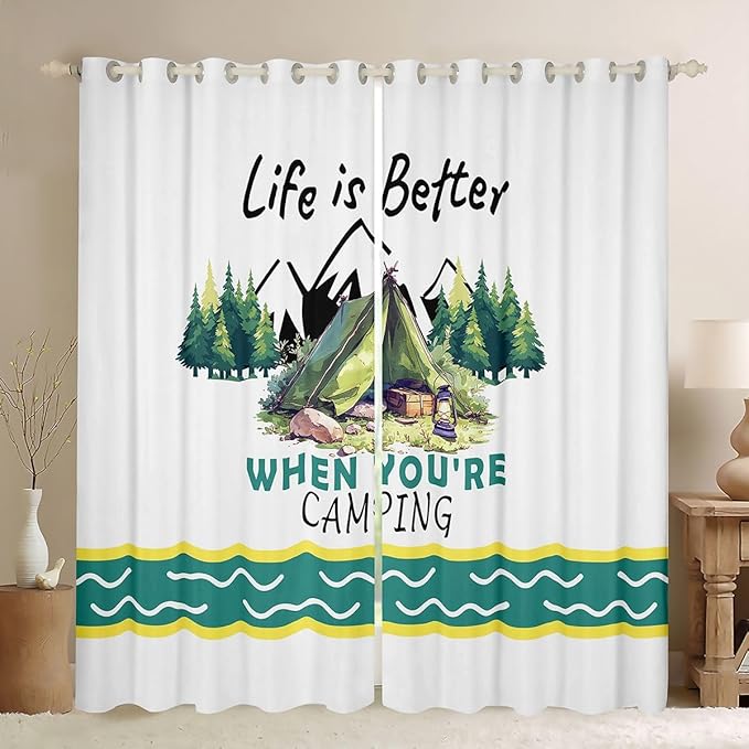 Happy Camping Adventure Nursery Bedroom Playroom Decor,Tent Pine Tree Nature Rustic Window Drapes,RV Trailer Camper Outdoor Boys Girls Room Decor,Green White 2 Panels,52Wx96L inch