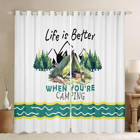 Happy Camping Adventure Boys Girls Room Decor,Tent Pine Tree Nature Rustic Blackout Curtains,RV Trailer Camper Outdoor Blackout Curtains,Green White 2 Panels,38Wx45L inch