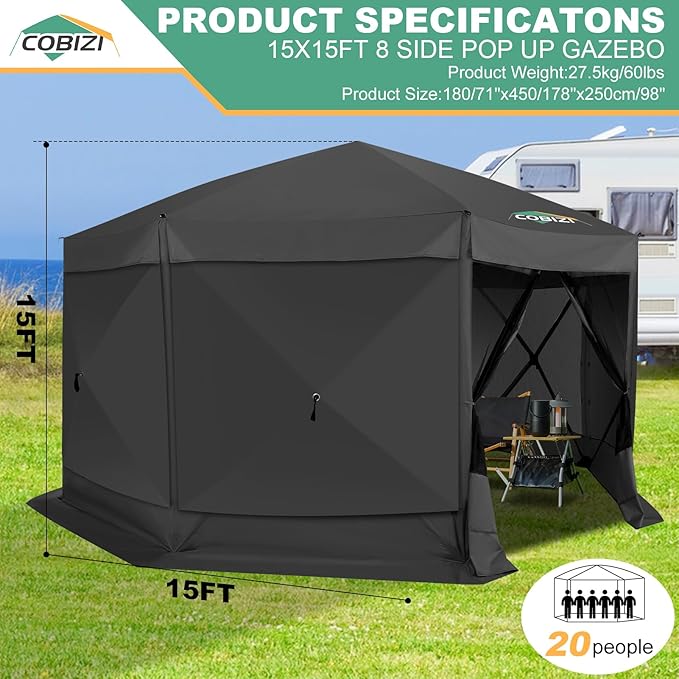 COBIZI 15x15 FT Pop Up Gazebo, Canopy Tent, Large Gazebos On Clearance with Sidewalls, Screened in Gazebo,carpas para Patio,Portable Screen Tents for 12-15 Persons Outdoor Camping, Backyard, Black