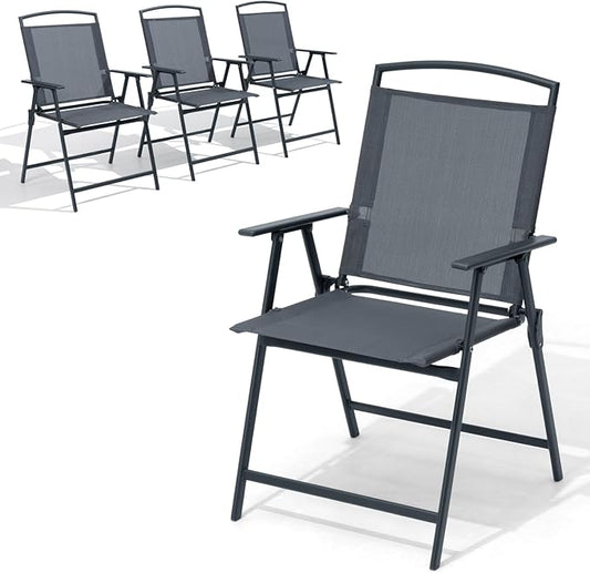 Crestlive Products Folding Patio Chairs Set of 4, Outdoor Foldable Chairs for Outside Portable Lawn Chair with Durable Rust-Resistant Frame and Breathable Textilene Material, Gray