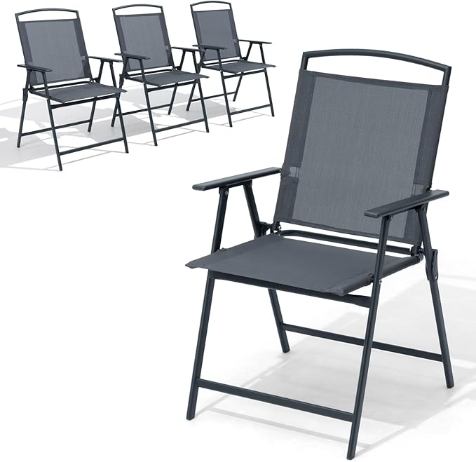Crestlive Products Folding Patio Chairs Set of 4, Outdoor Foldable Chairs for Outside Portable Lawn Chair with Durable Rust-Resistant Frame and Breathable Textilene Material, Gray