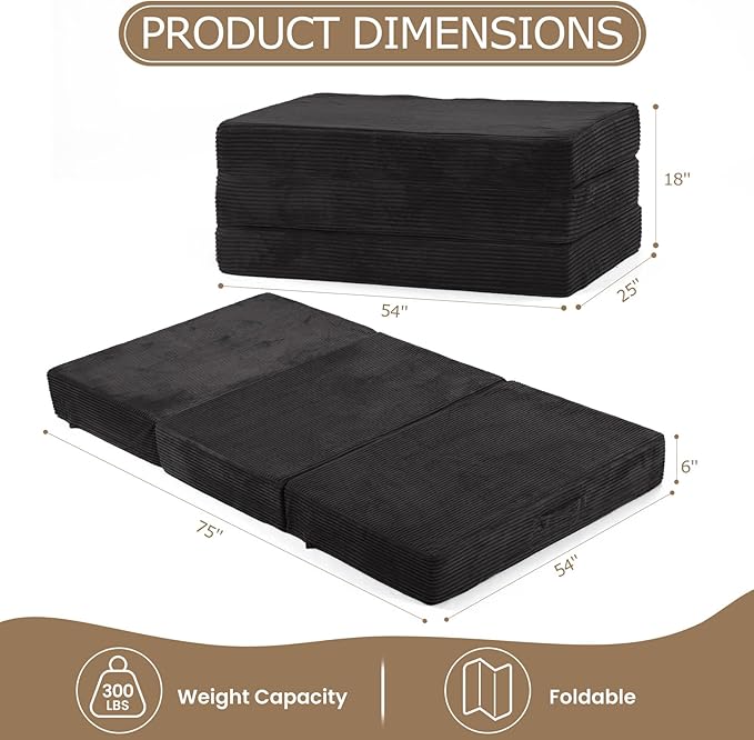 6-Inch Tri-Fold Mattress Full Size - Foldable Futon Sofa Bed with Removable Washable Cover, Folding Memory Foam Futon Mattress | Non-Slip Bottom & Carry Handles for Guest, Camping, Dorm