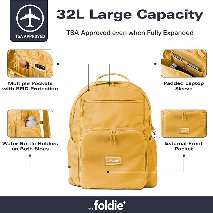 The Foldie Packable Backpack for Travel 32L - Lightweight Foldable Backpacks with Trolly Sleeve & RFID Protection - Water-repellent Casual Daypack Backpacks for Hiking, Camping & Gym - Yellow
