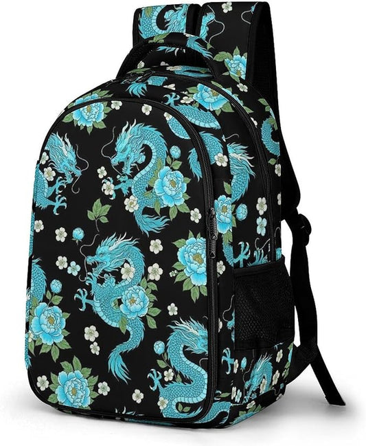 Nurse Teacher Travel Backpack Light Blue Flowers Cool Dragons Floral Purse, Cute Laptop Backpack with Tumbler Holder for Women College Work Casual Daypack