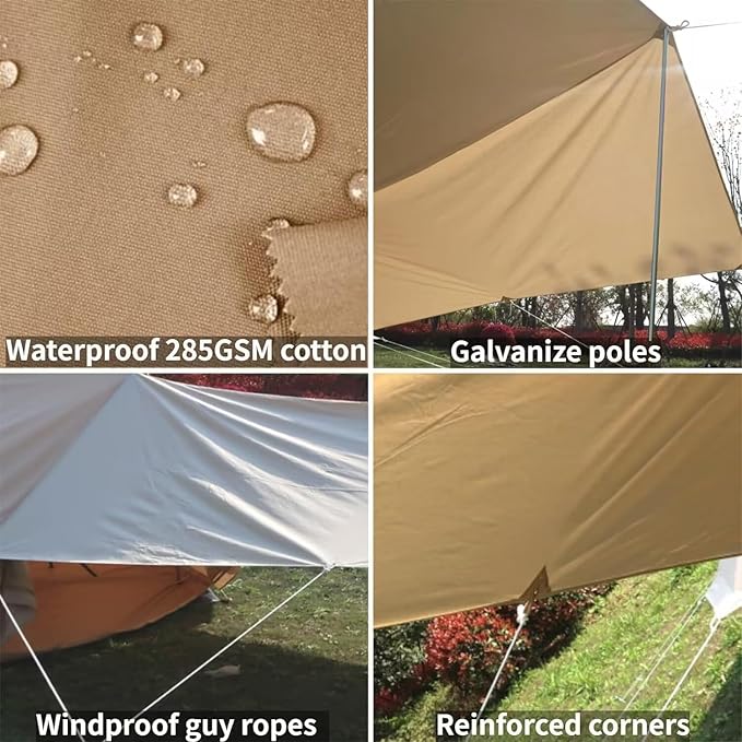 DANCHEL OUTDOOR Waterproof Bell Tent Awning, 4 Season Camping Tarp – Portable Canopy Cover with Poles, Lightweight Glamping Accessories, Rectangle