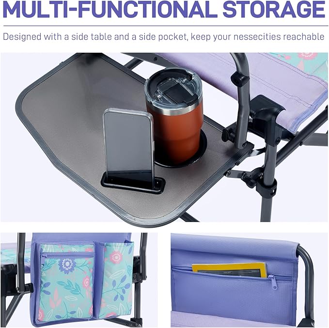 EVER ADVANCED Camping Directors' Chair with Side Table, Portable Folding with Compact Size, Heavy Duty Lawn Chair with Pocket for Camping, Lawn, Sports and Fishing, 400lbs, Purple