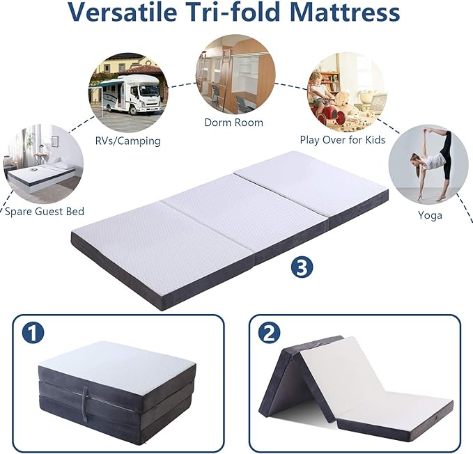 Folding Foam Mattress 4 Inches Foldable Floor Mattresses with Collapsible and Washable Cover, Portbale Travel Mat Tri-fold Guest Mattress Camping Sofa Bed