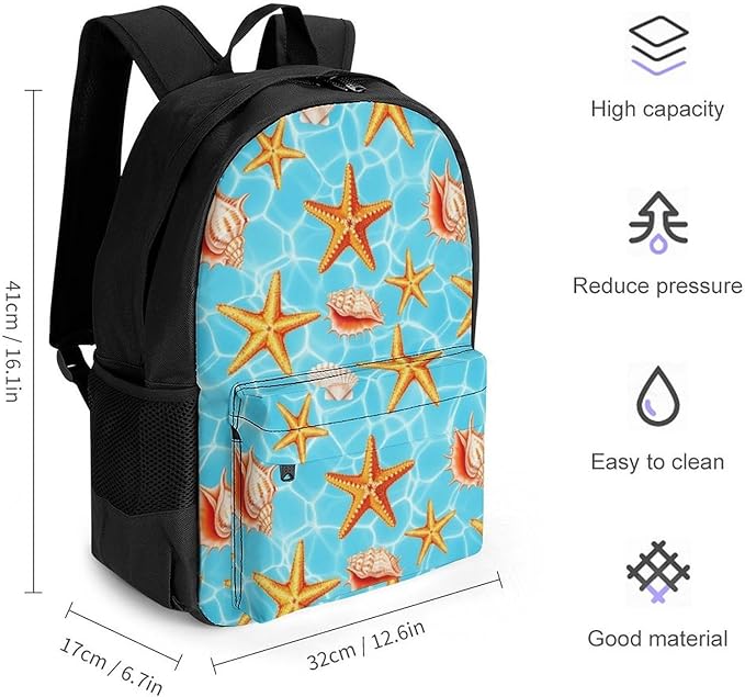 Large Rucksack for Outdoor Hiking and Camping with Daypack Design, Summer Beach Starfish Seashell Daypack Backpack Men Women