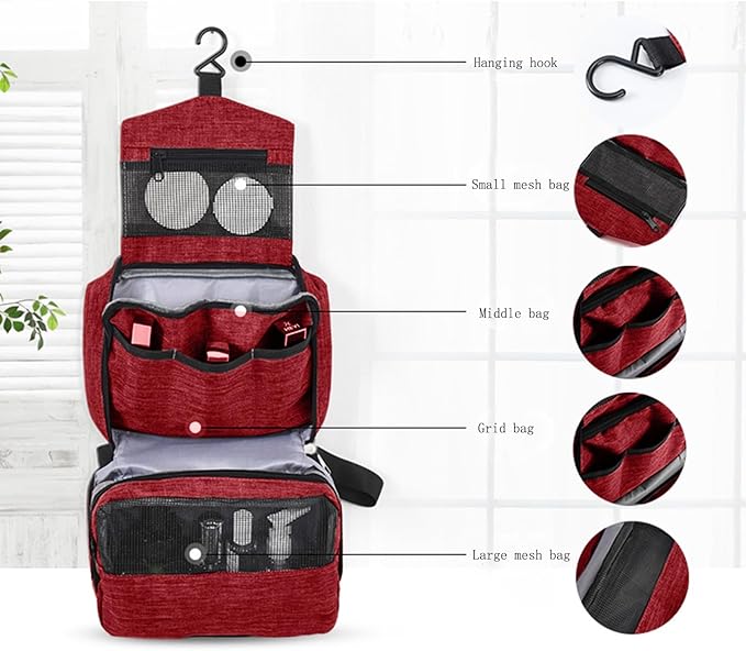 Travel toilet bag is used to store toiletries, with a large capacity storage hanging toilet bag (Burgundy)