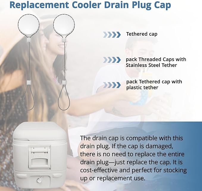 Upgraded Cooler Drain Plug Caps Replacement Parts, Compatible with Igloo 50-165 Qt, Threaded Caps with Stainless Steel Tether-2 Pack