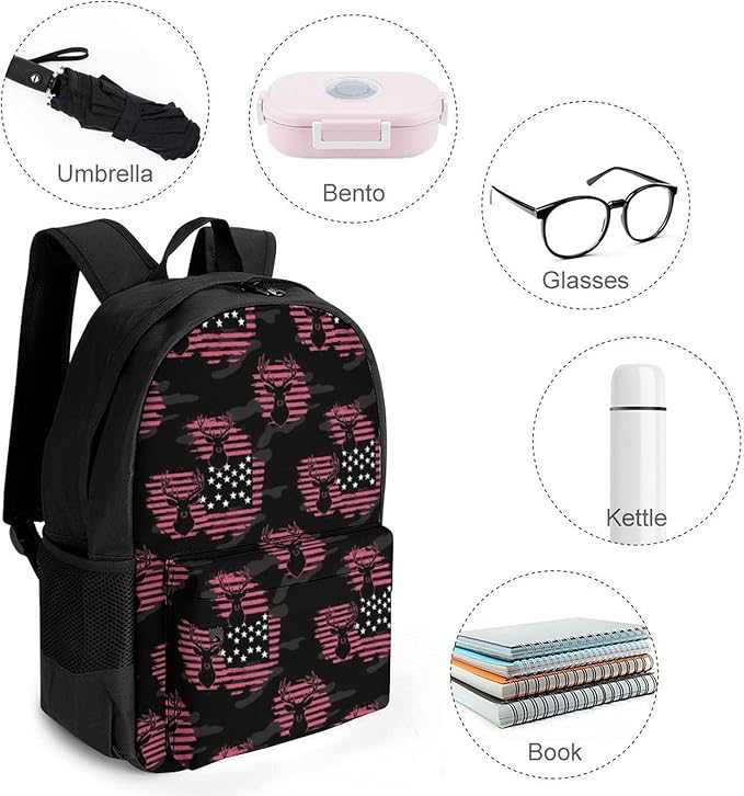Men Women Lightweight American Flag Hunting Camo Deer Pink Camouflage Casual Daypack Large Capacity Bookbag With Adjustable Shoulder Straps for Gym Business Bicycle