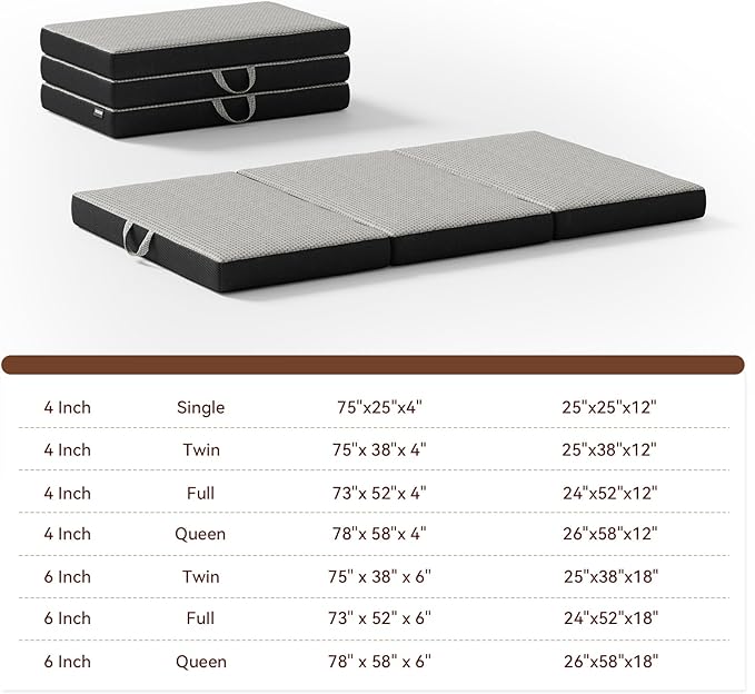 Memory Foam Trifold Mattress, Twin Portable Floor Bed 4 Inch, Foldable Mat with Washable Cover, Handle & Non-Slip Bottom, for RV, Travel, Camping, Yoga, 75"x38"x4", Grey