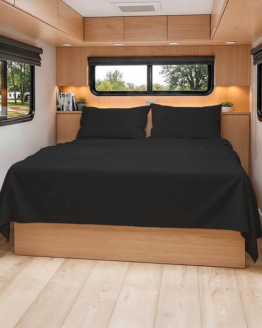 Short Queen Size 4 Piece Sheet Set - RV Short Queen, Soft, Breathable & Cooling Bed Sheets Set with Deep Pockets - Hotel Luxury Bedding for Women, Men, Kids, Teens, Boys and Girls - Oeko-Tex - Black