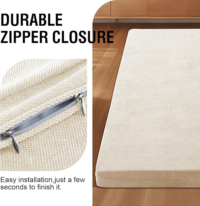 H.VERSAILTEX Queen Size Armless Futon Mattress Covers for Traditional Japanese Futon Mattress Soft Mixed-Color Chenille Couch Slipcovers Floor Mats Sofa Protector Zippered Sleeper Sofa Cover,Beige