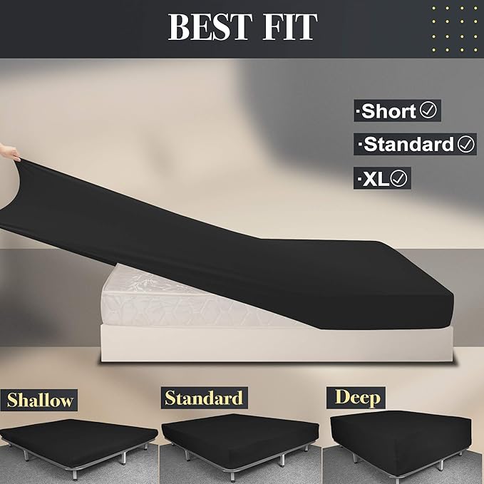 Full Size Fitted Sheet Only - 4-Way Stretch Knit, Snug Fit, Wrinkle Free & Stay in Place, No More Slipping Off for Mattress, Soft & Comfortable - Black, Full
