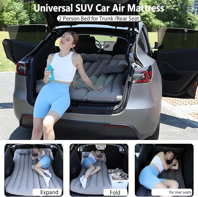 Car Air Mattress, Inflatable Bed Compatible with Tesla Model Y, Thickened Comfortable Durable, Foldable Mattress for Trunk/Rear Seat, Air Bed for Sleeping Camping Travel (Grey)