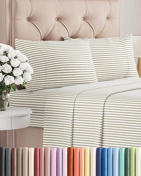 Queen Size 4 Piece Sheet Set - Comfy Breathable & Cooling Bed Sheets Set - Hotel Luxury Bedding for Women, Men, Kids, Teens, Boys & Girls - Deep Pockets and Wrinkle Free - Oeko-Tex - Beige Stripes 2