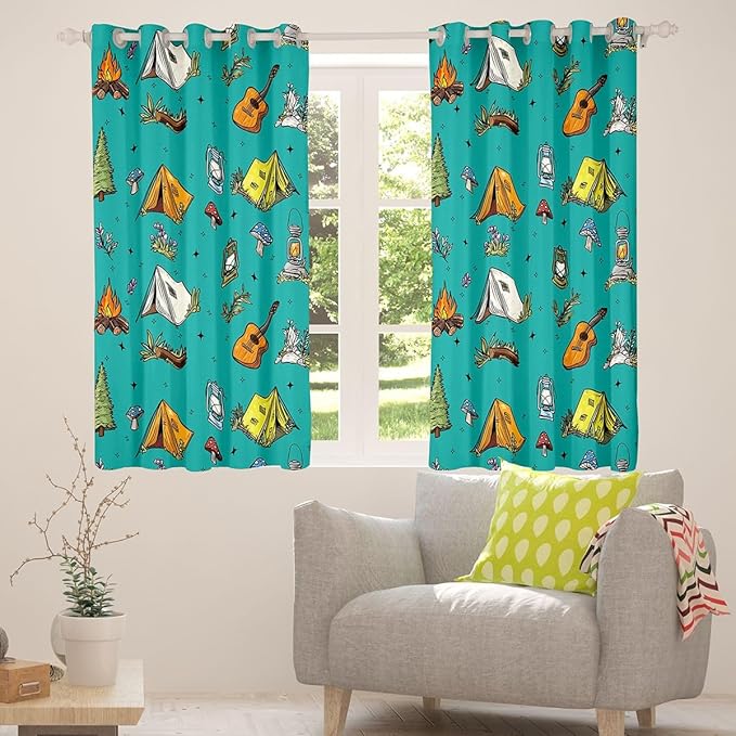 Feelyou Green Camping Camper Curtains for Bedroom Living Room Campfire Camper Accessories Blackout Shades Happy Camping Room Darkening Curtain Window Treatments, 2 Panels 52 x 90 Inch Decor