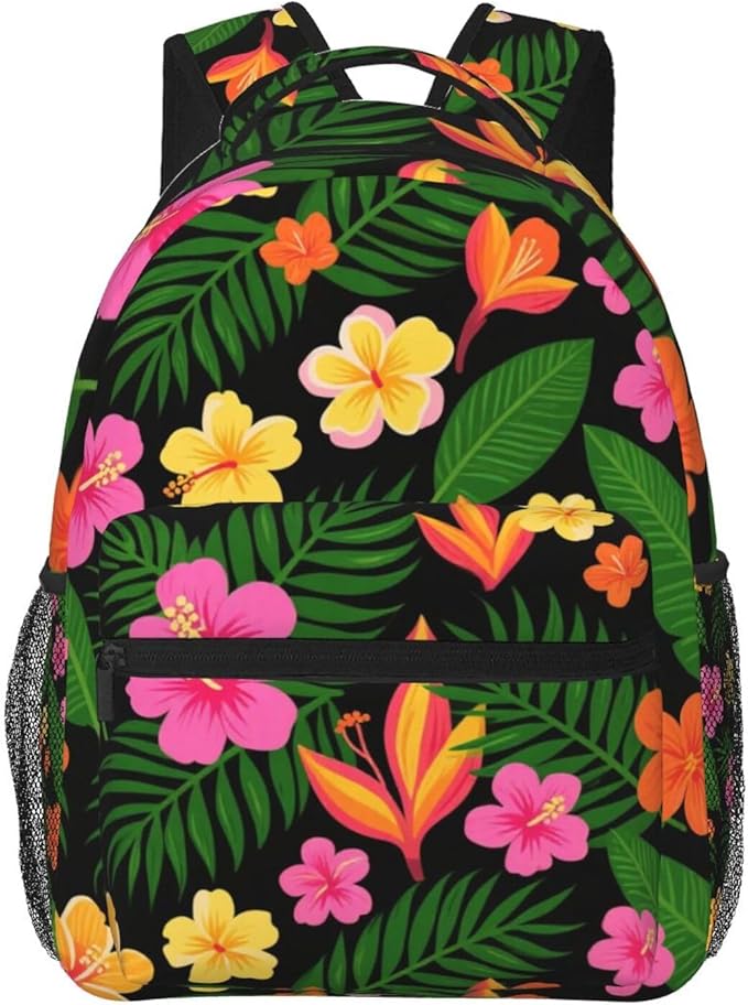 Women Men Polyester Hawaiian Colorful Flower Casual Daypack Large Capacity Bookbag With Side Pockets for Sports Picnic Walking Cycling