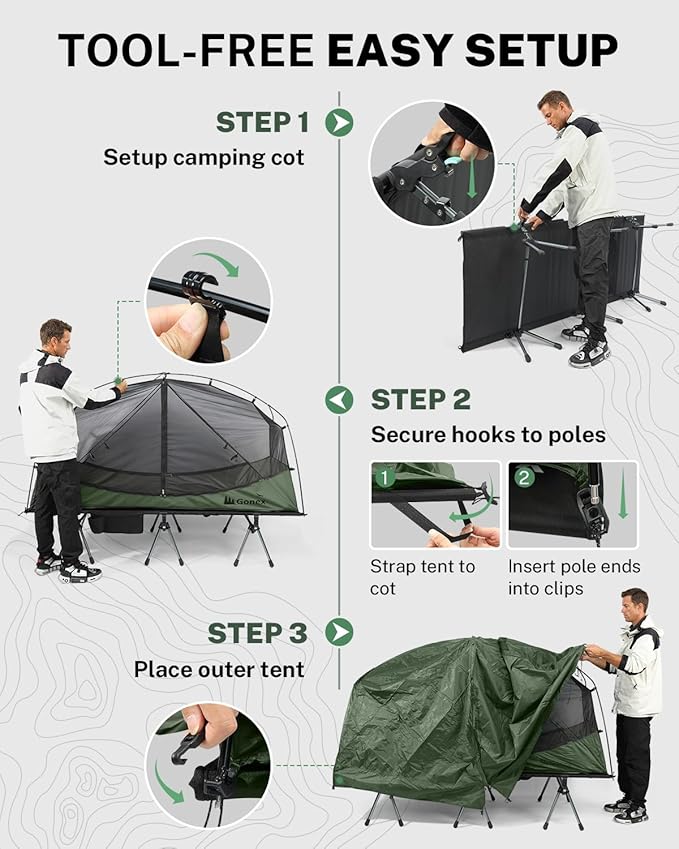 Gonex Camping Tent Cot for Adults, 1-Person Off-Ground Folding Portable Easy Set-up Tent Cot Combo Supports 350lbs for Hiking, Backpacking, Car & Motorcycle Camping(31.5" W X 78.7" L)-Army Green