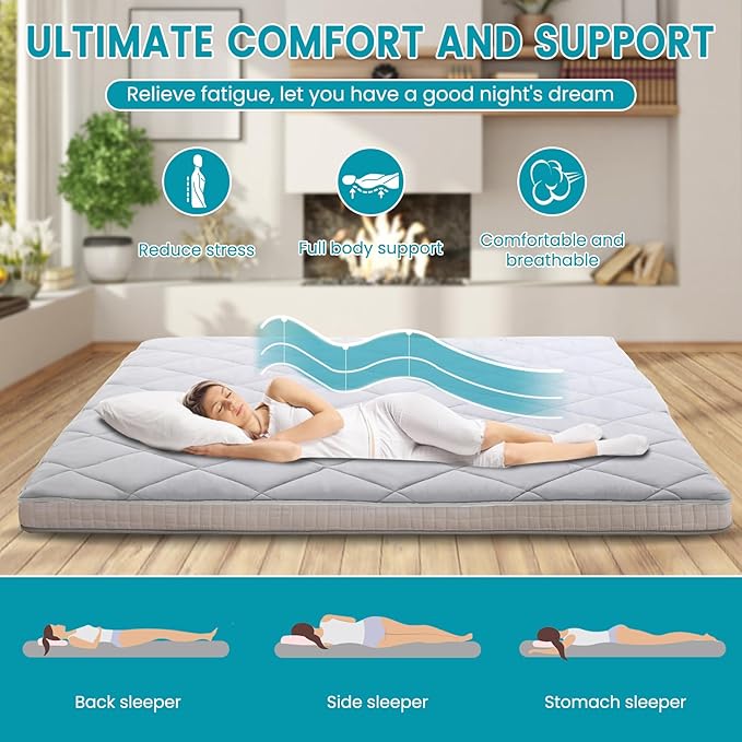 SUNYRISY Japanese Floor Futon Mattress, 4" Thicken Roll up Sleeping Mattress Tatami Mat Sleeping Foldable & Portable Lounger Floor Bed, Twin Full Queen