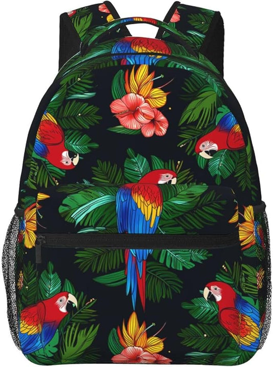 Men Women Polyester Macaw And Hibiscus Art Daypack Big Capacity Shoulder Bag With Adjustable Shoulder Straps for Camping Travel Walking Cycling