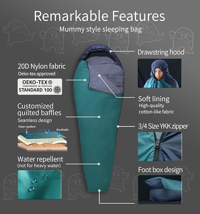 1.25 lbs Sleeping Bag, 68°F-48°F Backpacking Lightweight for Adults, Summer Backpacking Sleeping Sack, Compact Foldable Insulating Mummy Bag and Stuff Sack for Summer Camping Hiking C066