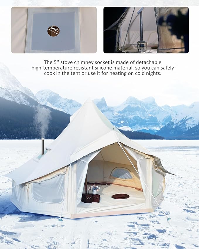 GarveeLife Canvas Bell Tent, 4 Seasons Yurt Tent with 2 Stove Jack, 4 Mesh Zippers Windows, Breathable Waterproof Tent Suitable for 4-12 People, Family Camping Outdoor Party