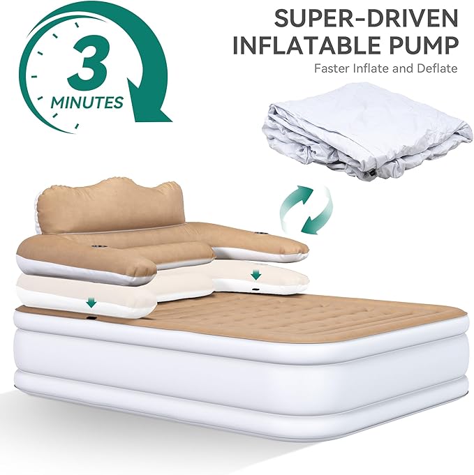 YITAHOME Queen Size Air Mattress with Headboard, 18in Inflatable with Pillow, Blow Up Mattress with Removable Electric Pump, Comfort Air Bed Queen for Camping & Home, Brown