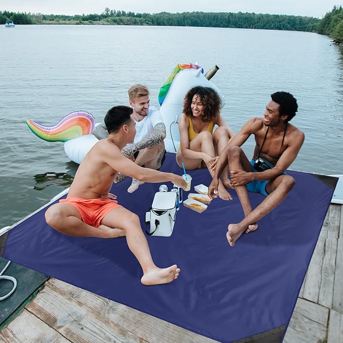 Odoland Pocket Blanket Picnic Blanket, 71" x 63" SandProof Waterproof Outdoor Beach Blanket with Portable Bag, Foldable Lightweight Sand Free Quick Drying Beach Mat for Hiking Camping Travel, Blue