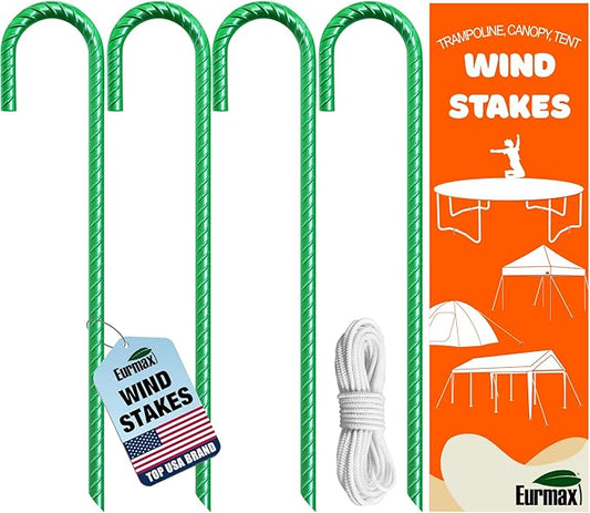 Eurmax USA Trampolines Stakes Heavy Duty Ground Stakes Canopy Parts Wind Stake with Rope 12 Inch Heavy Duty Stake Safety Ground Anchor Galvanized Steel J Shaped, Pack of 4(Green)