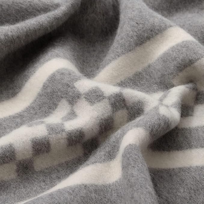 Inca Wall - Thick Alpaca Wool Blanket Heavyweight Camping Outdoors Indoors Soft Peru Twin Size New Ethnic Design (Soft Gray/Ivory, Twin Size)