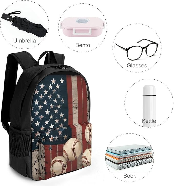 Supdreamc Adults Lightweight Vintage Patriotic Usa American Flag Baseball Print Rucksacks Large Capacity Bookbag With Adjustable Shoulder Straps for Trekking Outdoors Bicycle
