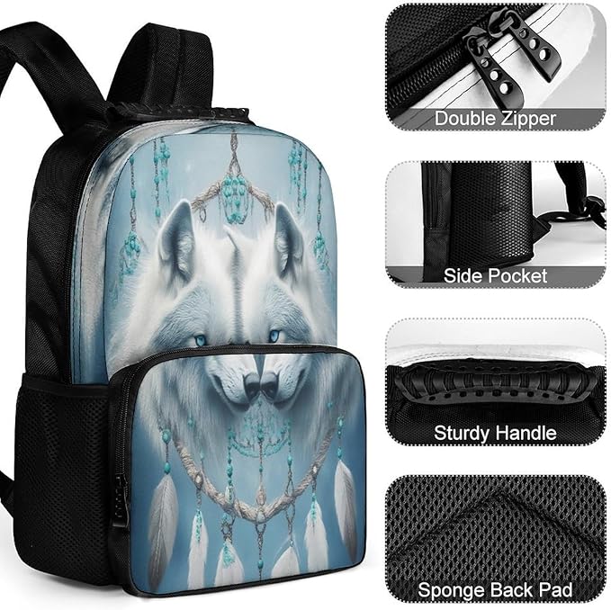 Daypack Backpack Polyester Multipurpose Anti-Theft Love Heart Wolf Dream Catcher Art Shoulder Bag Big Capacity Gym Outdoor Hiking Backpack With Smooth Zippers