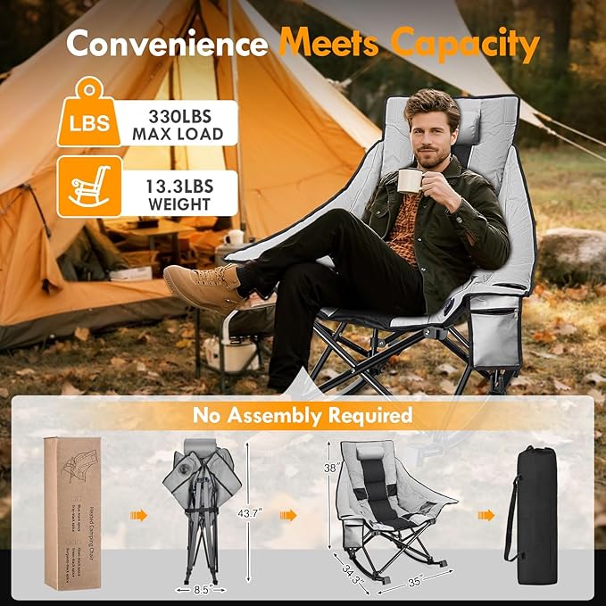 Slendor Heated Rocking Camping Chair with Padded & Pillow, 2000mAh Power Bank, 3 Adjustable Heat Settings, Oversized Camping Chair for Easy Setup and Foldable Storage, Gray