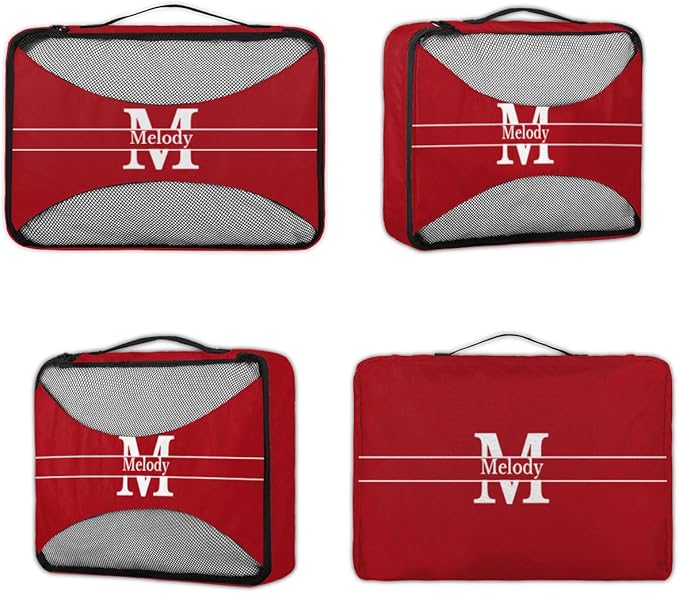 4pc Personalized Name Packing Cubes for Travel - Luggage Packing Organizers - Travel Packing Cubes for Suitcases, Solid Red Color with Initial Letter