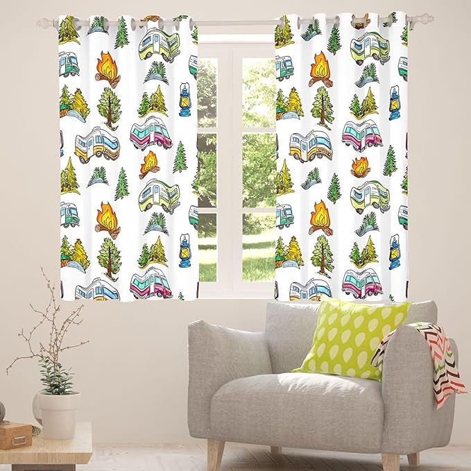 Feelyou Vintage Camper Curtains for Bedroom Living Room Rustic Camping Trailer Blackout Darkening Drapes Camping Campfire Window Treatments, 2 Panels 52 x 96 Inch Rustic Camping Trailer Room Decor