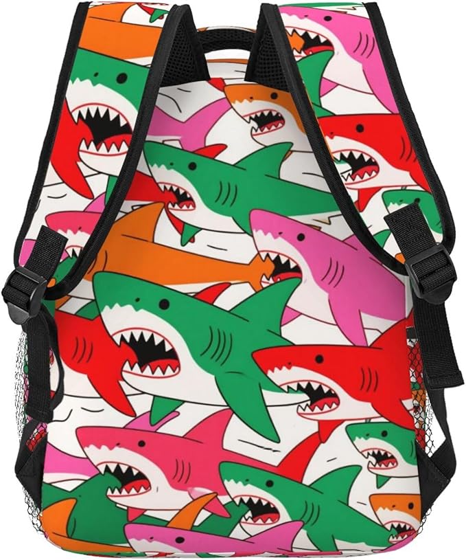 Men Women Polyester Colorful Shark Art Casual Daypack Large Capacity Carry On Bag With Adjustable Shoulder Straps for Camping Work Running