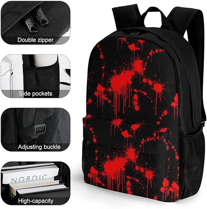 Men Women Polyester Halloween Classic Horror Blood Splatter Black Red Backpack Large Capacity Bookbag With Smooth Zippers for Climbing Picnic Bicycle