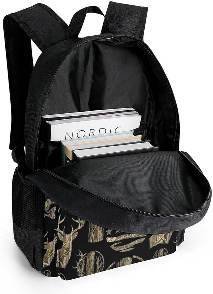 Lightweight Daypack Bookbag for Trekking Business Walking Cycling, Big Capacity Anti-Theft Multipurpose Carry On Bag, Hunting Deer Bass Camo Camouflage American Flag Black Business Computer Bag