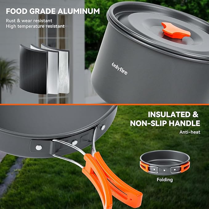 Onlyfire 14pcs Camping Cookware Mess Kit, Non-Stick Lightweight Pot Pan Kettle Set with Plates Forks Knives Spoons for Camping, Backpacking, Outdoor Cooking and Picnic CT604