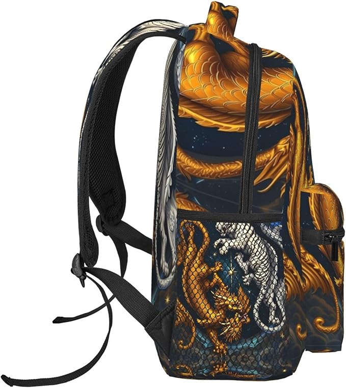 Daypack Backpack Anti-Theft Multipurpose Big Capacity Bookbag, Yin Yang Gold Dragon White Tiger Art Business Computer Bag With Side Pockets