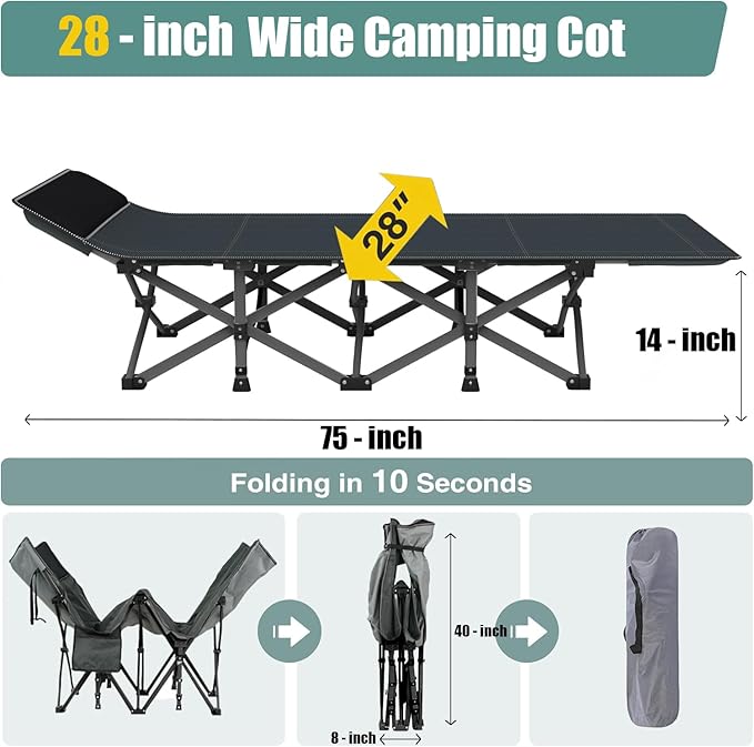 Heavy Duty Camping Cot for Adults with Mattress, 10-Leg Portable Folding Cot Bed, Extra Stable Sleeping Cot for Camping, Travel, Tent & Indoor Guest Use, 500 lbs Capacity (C-Gray&biue)