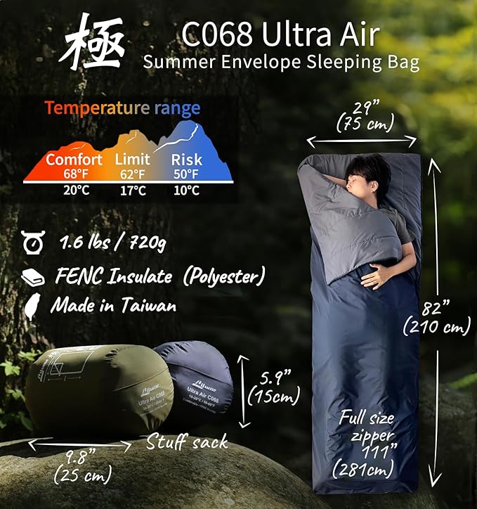 Litume Compact Sleeping Bag 68°F-50°F 1.6lbs, Combinable Lightweight Portable Packable sleep sacks for Adults for Backpacking, Camping, Hiking, Travel, Family, with Stuff Sack, 3 seasons, Velvet lined