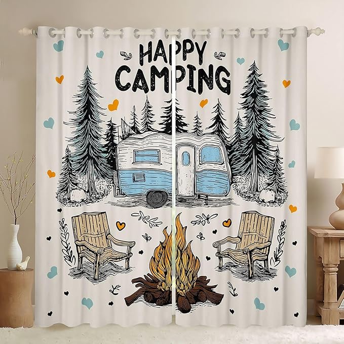 Feelyou Camping Camper Rv Blackout Curtains Rustic Farmhouse Camper Darkening Drapes for Bedroom Living Room Decor Happy Camping Thermal Insulated Shades Window Treatments, 2 Panels 52 x 96 Inch