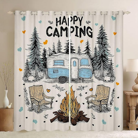 Feelyou Camping Camper Rv Blackout Curtains Rustic Farmhouse Camper Darkening Drapes for Bedroom Living Room Decor Happy Camping Thermal Insulated Shades Window Treatments, 2 Panels 38 x 45 Inch